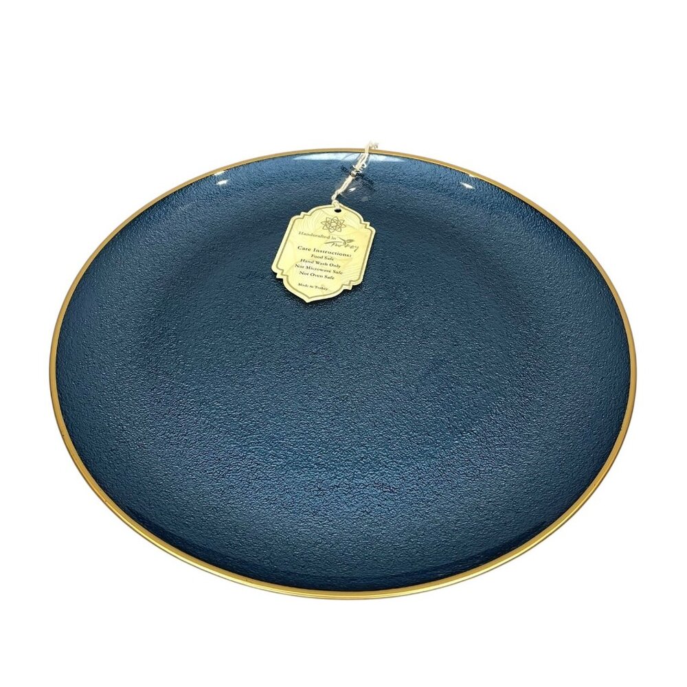 Turkish Glass 4 Charger Plates Set Blue Textured Gold Rim 13" NWT